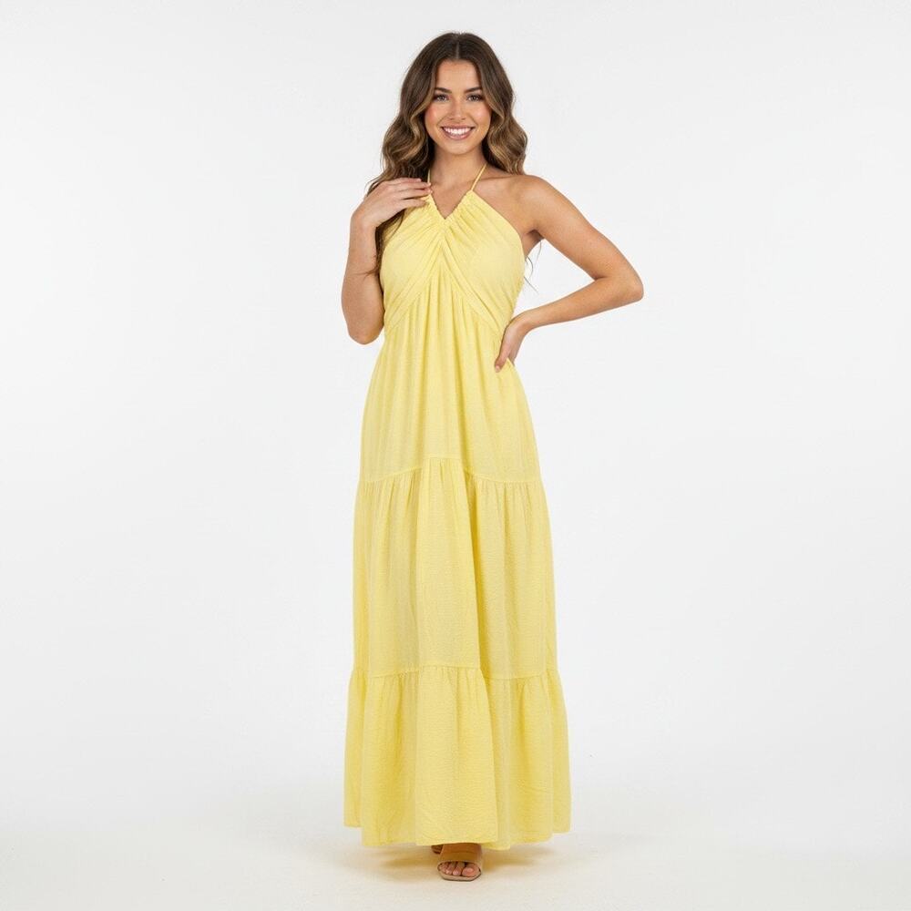 Butter Yellow Halter Maxi Dress Tiered Cottagecore Resort Sundress Large Summer